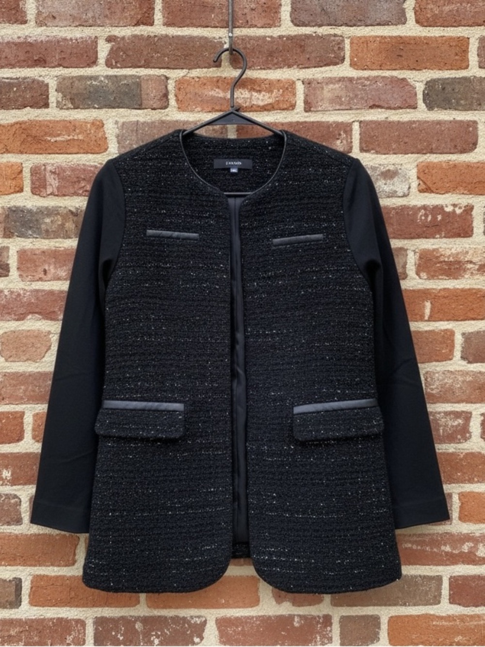 Chico's Black Tweed Jersey Knit Open Front Long Line Blazer Size S